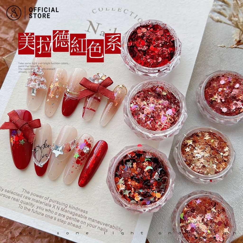 เลื่อมเล็บปีใหม่คริสต์มาสแวววาวสีแดง ดาวผสมสีรักบางเฉียบ ดวงจันทร์ดาวห้าแฉก อุปกรณ์ทําเล็บ