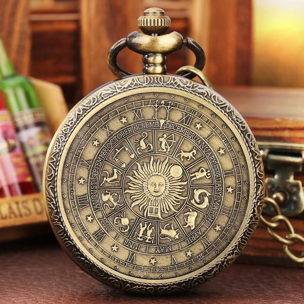Vintage Pocket Watch Bronze Quartz Zodiac Signs นาฬิกาพร้อมโซ่ SUN ชายเด็ก Retro นาฬิกานาฬิกาแฟชั่นป