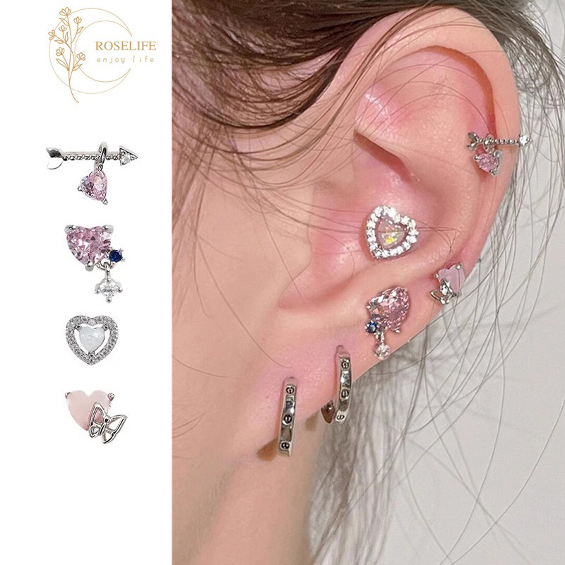 Roselife 4PCs สีชมพูหวานคริสตัล Arrow หัวใจ Pierced ต่างหูสําหรับผู้หญิงสาวแฟชั่นหู Studs ชุดเครื่องประดับ