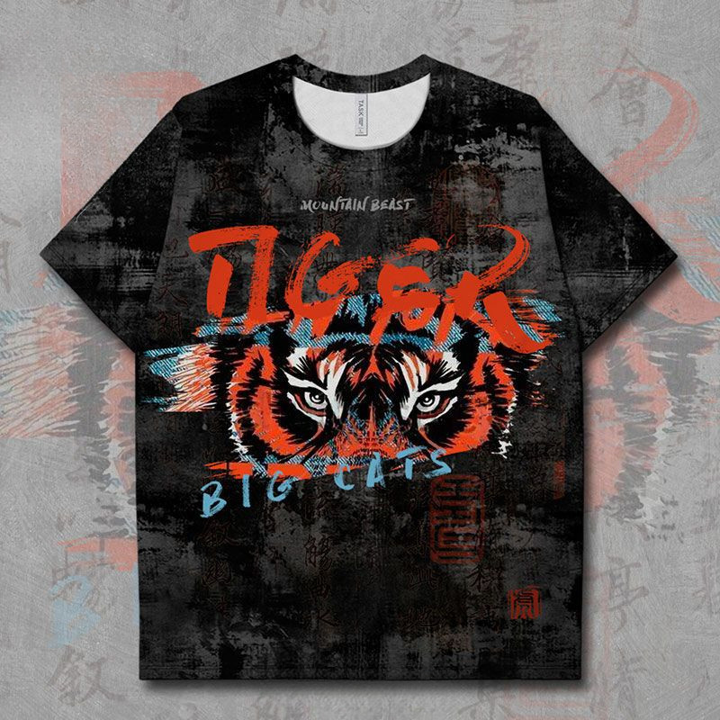 Street Fashion Tiger พิมพ์ลาย Graffiti Quick-drying T-shirt Men's TOP Summer New