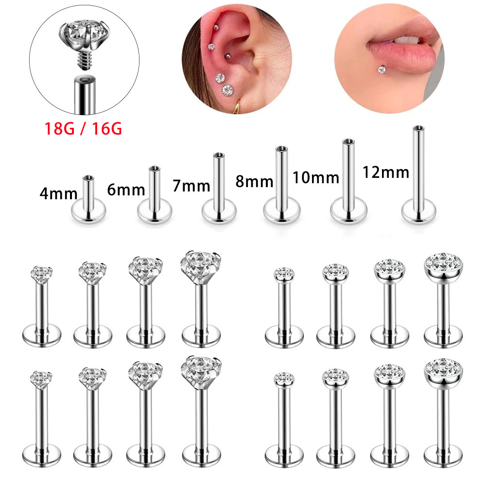 1 Pc 18G/16G สแตนเลสสตีล Lip Stud รอบเพทายกระดูกอ่อนสตั๊ดต่างหูคริสตัลเงา Labret เจาะ Helix Tragus เจาะ