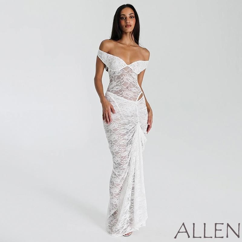 Allen-ผู้หญิงชุดลูกไม้ปิดไหล่backless Romperพร้อมกระโปรงยาวจีบชุดเชียร์ฤดูร้อนสําหรับปาร์ตี้ค็อกเทล