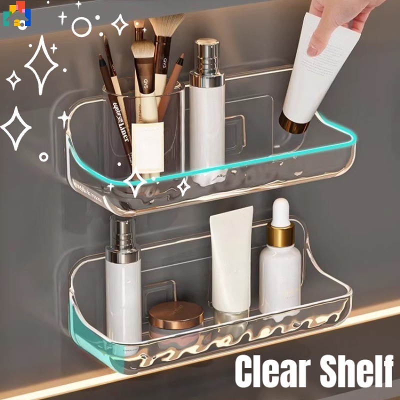 ติดผนังชั้นเก็บสบู่ห้องน้ําอุปกรณ์อาบน้ําท่อระบายน้ําชั้นวางอะคริลิคใสครัวเรือนประหยัดพื้นที่อุปกรณ์จัดเก็บ