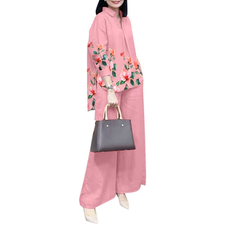 ZANZEA ใส่ ซานเซีย ผู้หญิงเกาหลีพิมพ์เปิดลงปกโคมไฟแขนปุ่มข้อมือชุดสองชิ้น