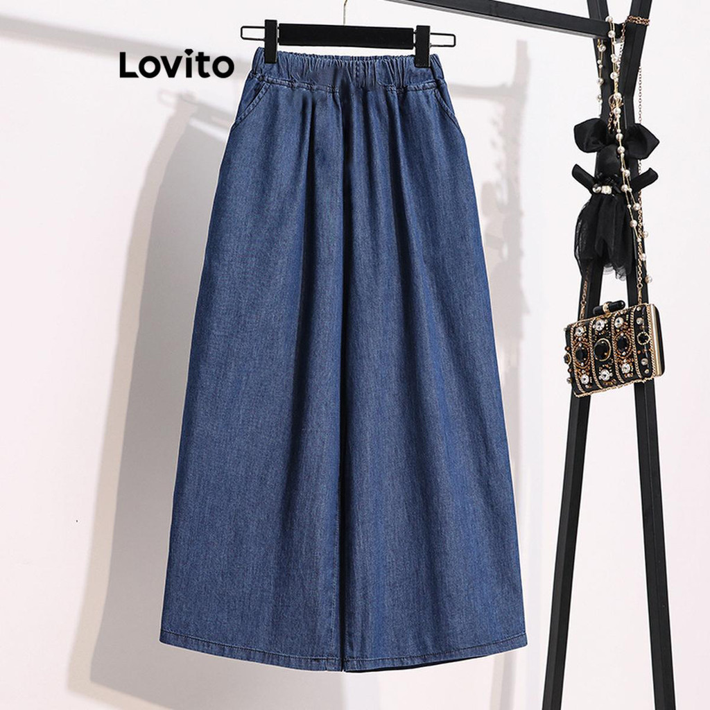 Lovito กางเกงยีนส์ผู้หญิง ผูกเชือก สีพื้น สไตล์ลำลอง LNL365