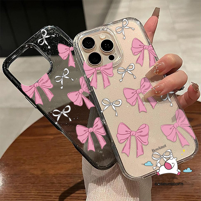 แฟนตาซีการ์ตูนโบว์สําหรับiphone 11 16 15 13 14 12 Pro Max XR 7Plus XS Max X 14 6 8 15 7 6s 16 Plus SE 2020 น่ารักBowknot Luxury Glitter Powderโปร่งใสนุ่มกรณี