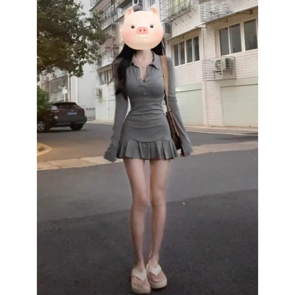 สาวร้อนบริสุทธิ์ปรารถนาคอวีลึกแขนยาวเสื้อยืดผู้หญิงโปโลคอแคบ-เอวสองชิ้นฤดูใบไม้ร่วง ผอมลง ดูด้านบนสูง