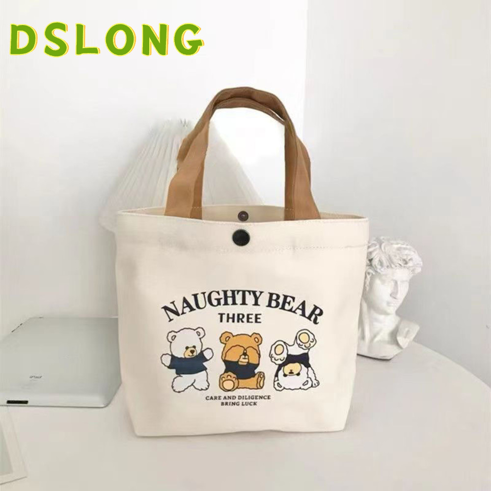 DSLONG กระเป๋าโท้ทผ้าแคนวาส,กระเป๋าถือความจุขนาดใหญ่,ถุงอาหารกลางวันลายการ์ตูนลูกพีชแฟชั่นปิคนิค
