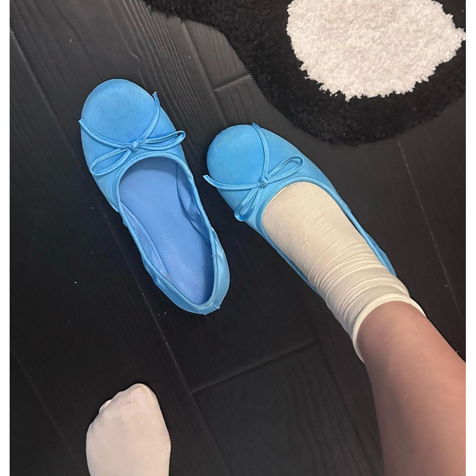 Blue Ballet Flat Sole รองเท้าส้นแบนหัวกลมโบว์ไหมใหม่ของผู้หญิง