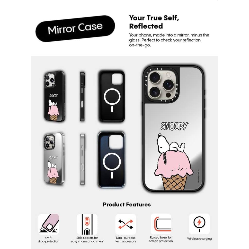 CASECASE X Snoopy ice cream Case แม่เหล็กดูด Black & Sliver Mirror IPhone Case IPhone 16 15 14 13 12 Pro Max Plus Hard Back Case พร้อมกล่องแกะสลักโลโก้