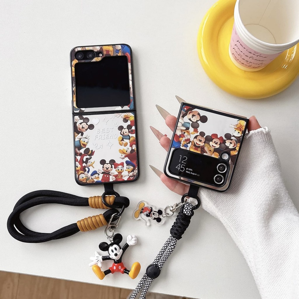 ปกหลังสําหรับ Samsung Galaxy Z Flip 6 5 4 7 กรณี Disney Mickey Minnie Mouse สายคล้องมือเชือกกระจก Hard PC กันกระแทกเคสโทรศัพท์