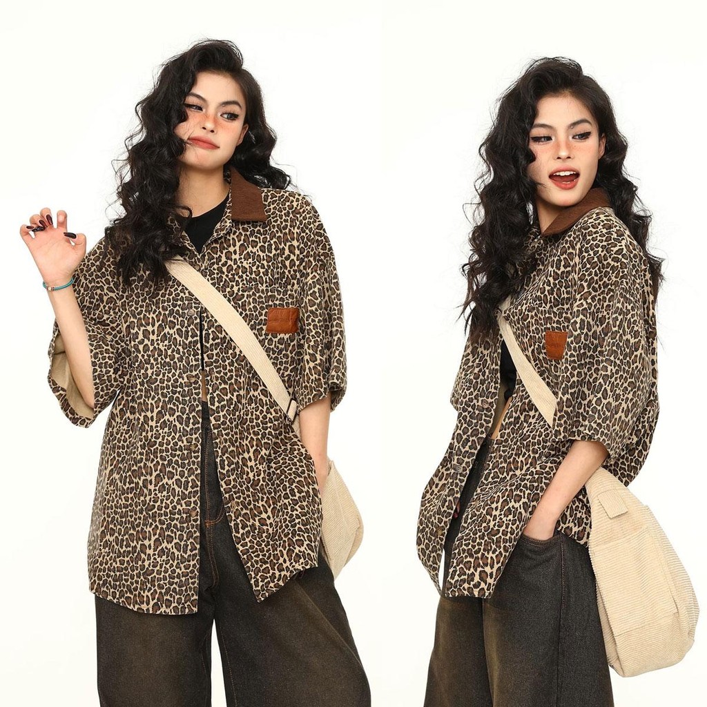 Dahong เสื้อเชิ้ตผู้ชายลายเสือ คอปกผ้าลูกฟูก เสื้อคลุมแขนยาว มีกระเป๋าหน้าปักป้ายFashion ลำลอง W573