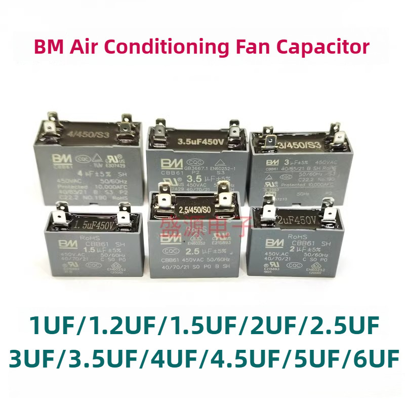 ‌Original BMBAI CBB61 450V AC เครื่องปรับอากาศพัดลมมอเตอร์เริ่มต้นตัวเก็บประจุ 4Pin 1UF/1.2UF/1.5UF/2UF/2.5UF/3UF/3.5UF/4UF/4.5UF/5UF/6UF