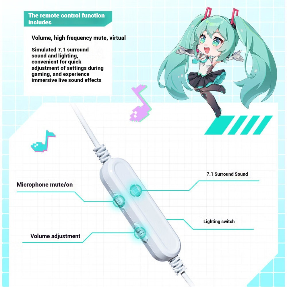 Asus TIANXUAN TX301 Hatsune Miku Co branded Headworn Virtual 7.1 Surround RGB ชุดหูฟังแบบมีสาย