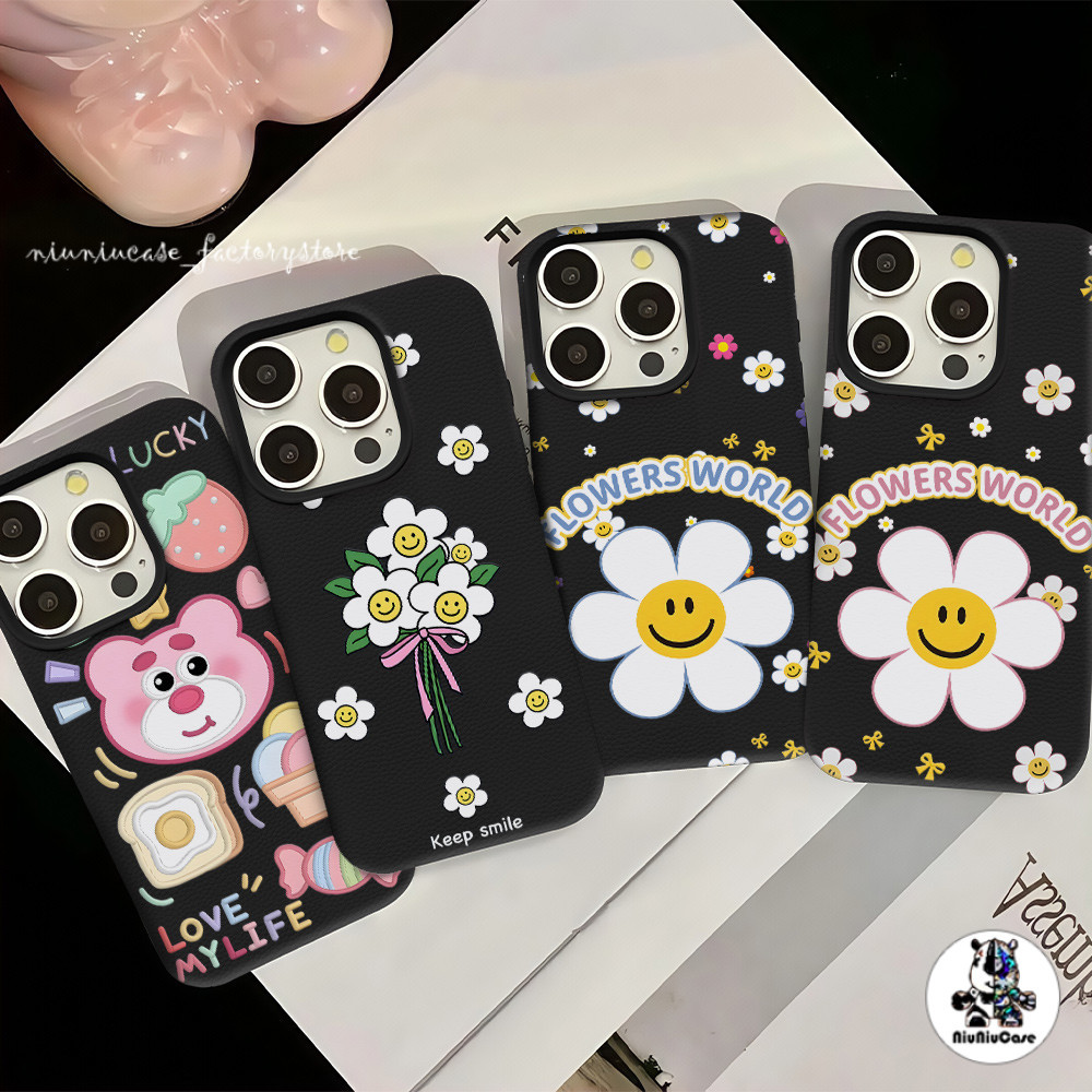 เคส For iPhone 13 เคสหนังเนื้อนิ่มสีแคนดี้ ดอกไม้น่ารัก For iPhone 15 16 13 14 12 11 Pro Max XS XR 7 8Plus เคสหนัง Case