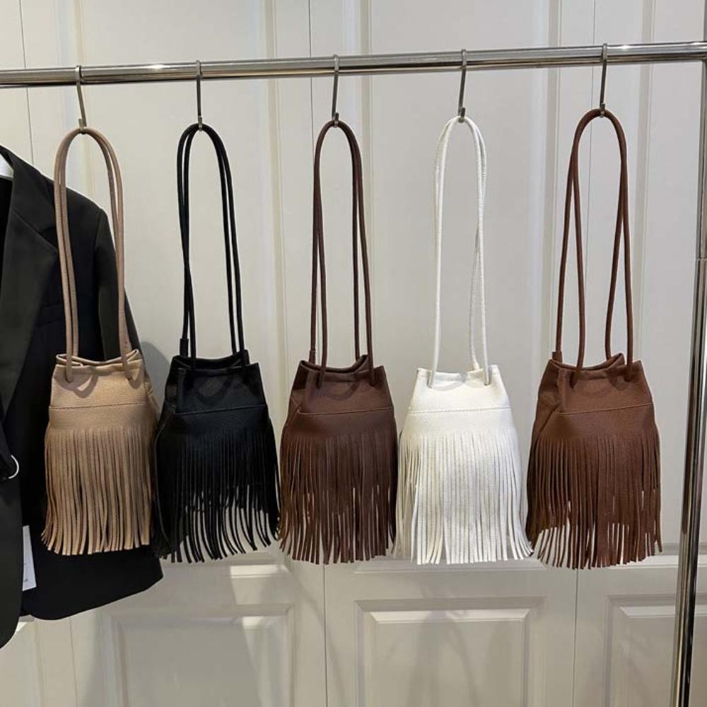 Mxmio Tassels Bucket Bag, Elegant Retro Drawstring PU Bag, Crossbody Bag Large Capacity Anti-splash Water Magnetic Button Texture กระเป๋าสะพายไหล่ผู้หญิง