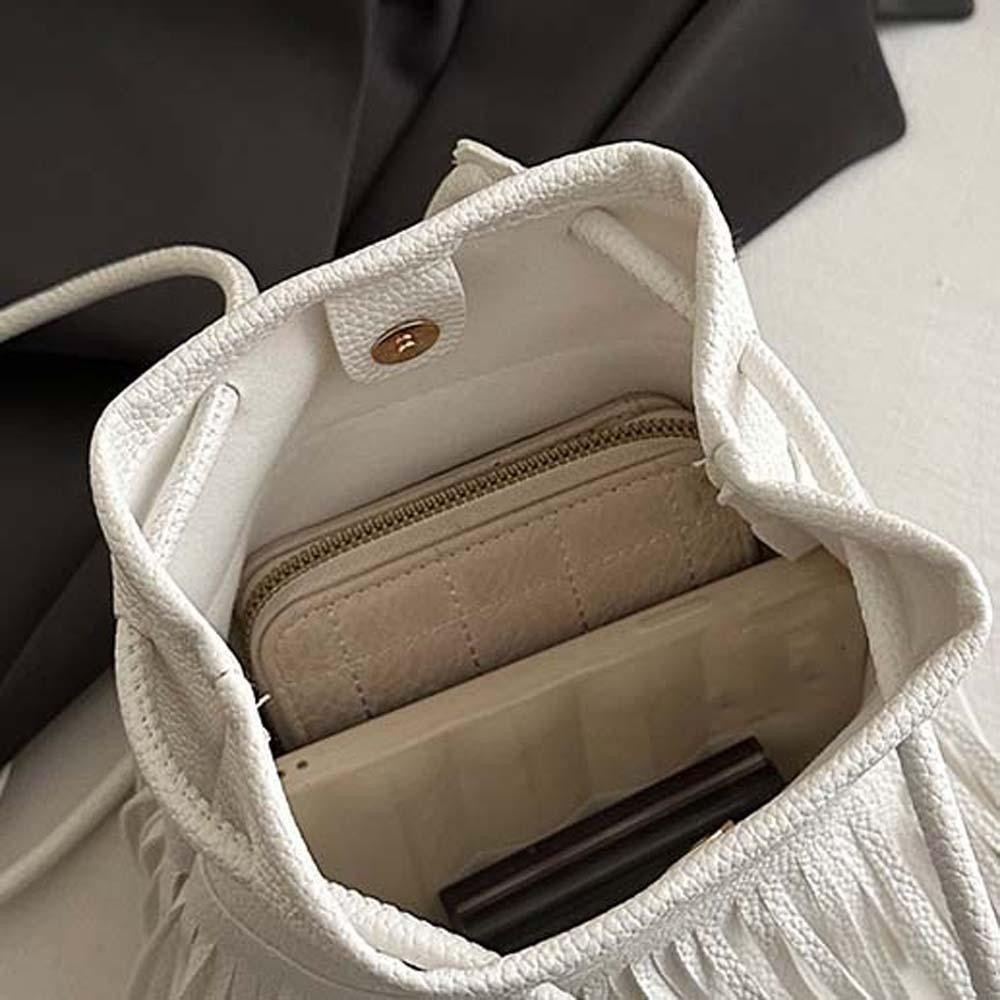 Mxmio Tassels Bucket Bag, Elegant Retro Drawstring PU Bag, Crossbody Bag Large Capacity Anti-splash Water Magnetic Button Texture กระเป๋าสะพายไหล่ผู้หญิง