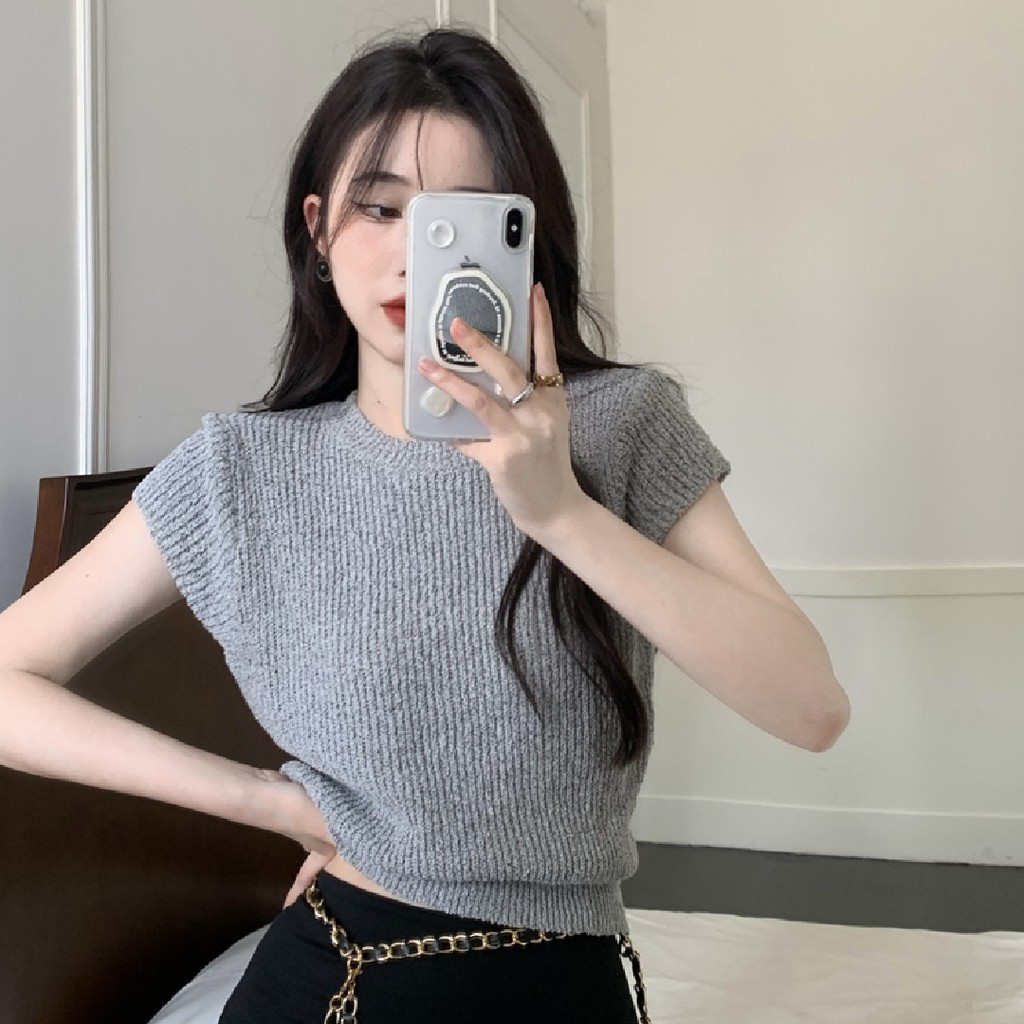 ฤดูร้อนสไตล์ใหม่สีทึบเสื้อกันหนาวแขนสั้นรอบคอสั้นสไตล์ Slimmer ดูอารมณ์ All-Match บางสไตล์ Top Horse