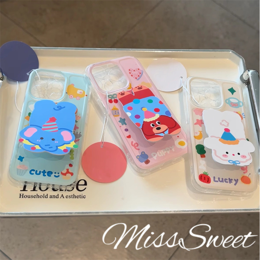 ที่วางการ์ตูน + เคสสําหรับ iPhone 11 16 15 14 13 12 Pro Xs Max XR X 6 6s 7 8 Plus Clear Silicon เคสโทรศัพท์ INS หมีน่ารัก TPU นุ่มกันกระแทกฝาหลังป้องกัน