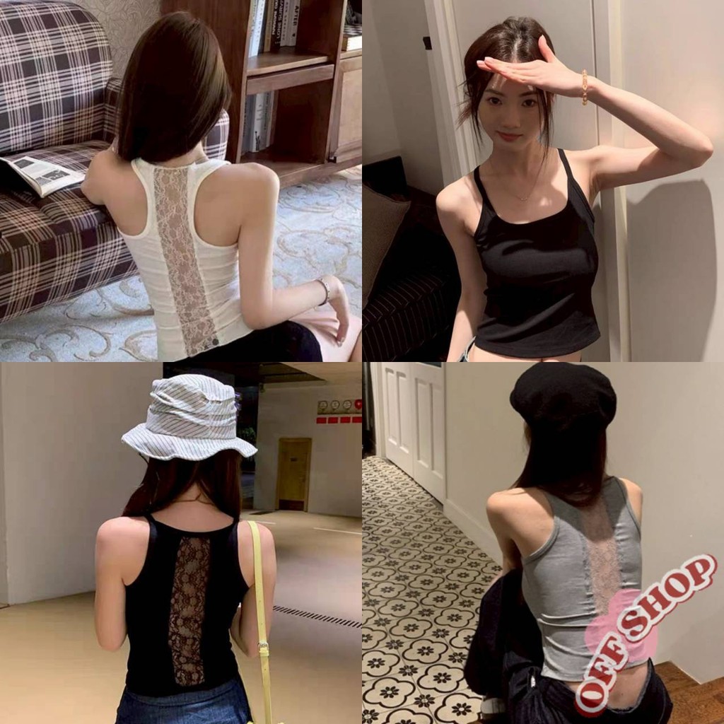 OFF SHOP 🥻ใหม่ 2025 เสื้อสายเดี่ยว มีฟองน้ำ ดีเทลโชว์หลังลูกไม้ ' FY6711