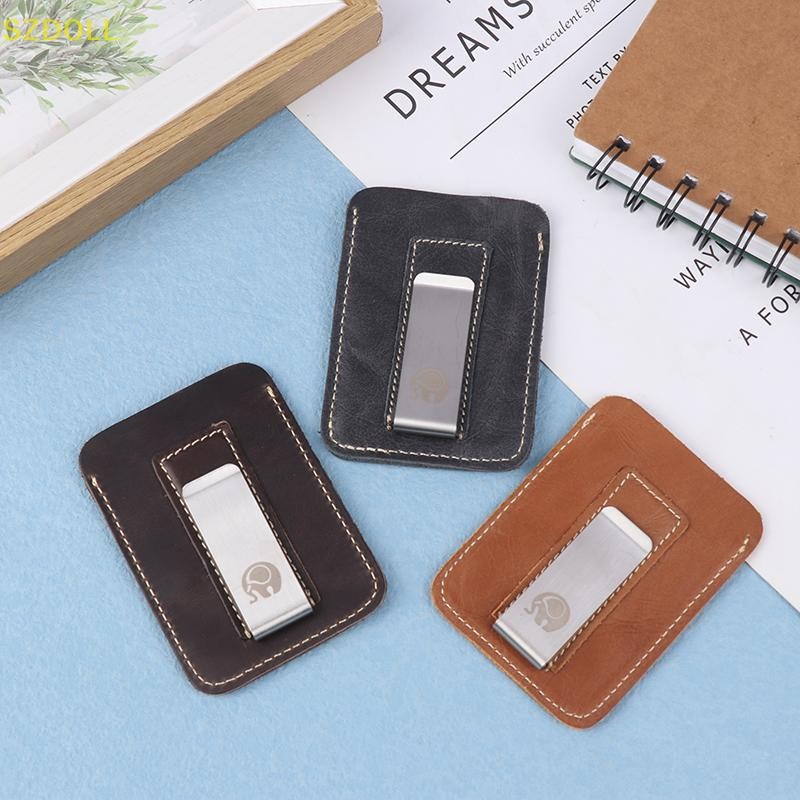 [cxSZDOLL] Thin Leather Money Clip Mini Wallet Men Credit Card Slot Slim Bills Metal Cash Clamp For Man Small Billfold Holder DOM