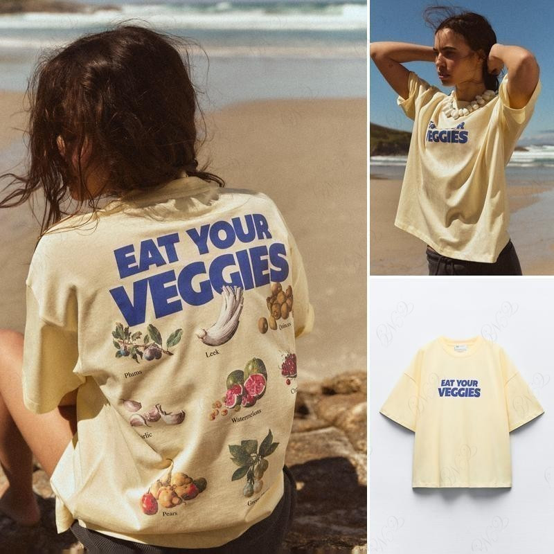 เสื้อยืด Zara ฤดูร้อนสไตล์ใหม่สีคมชัดพิมพ์เสื้อยืดแฟชั่นลําลอง S-5XL