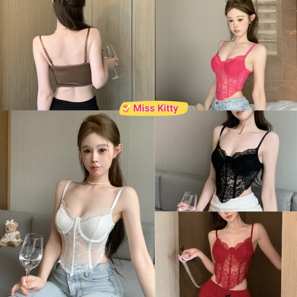 🎀Miss Kitty❤️​พร้อมส่ง เสื้อสายเดี่ยว ไม่มีฟองน้ำ  สไตล์เกาหลีสายปรับได้ ลูกไม้เซ็กซี่ "FY900"