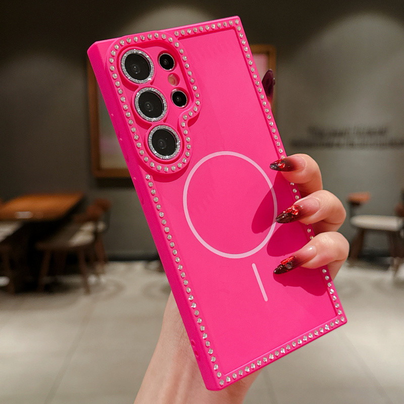 Sparkling Diamond Magnetic Wireless Charging Soft Case สําหรับ Samsung S25 Ultra Plus S24 Ultra Plus S23 Ultra S24FE แก้วเลนส์ป้องกันสีทึบกันกระแทก