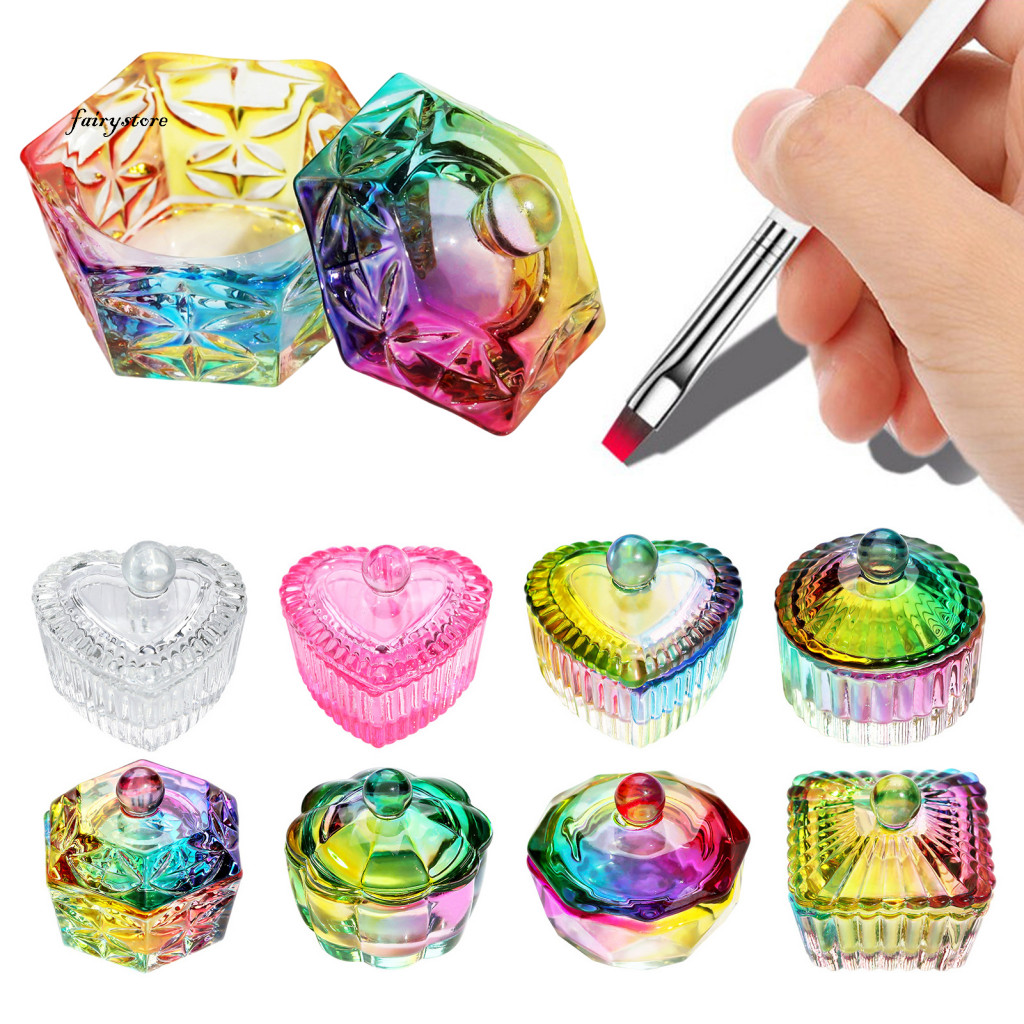 ร้านนางฟ้า| Professional Nail Art ชามแก้วคริสตัลเล็บ Dappen จานพร้อมฝาปิดผงอะคริลิคคอนเทนเนอร์สําหรั
