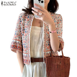 ZANZEA ซานเซีย โอ-คอโคมไฟครึ่งแขนเสื้อคาร์ดิแกน สไตล์วินเทจพ…