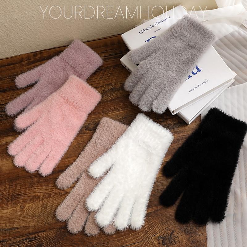 แฟชั่นฤดูหนาว Mink กํามะหยี่ห้านิ้วถุงมือ Plush Warm Cold-proof ผู้หญิงกลางแจ้งขี่จักรยาน Mittens