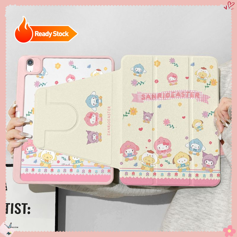 เคส Ipad 360 ° Rotationflower ชุดหูฟังน่ารัก Sanrio Family เหมาะสําหรับอะคริลิค iPad Air6 Gen7/8/9 10.2 Gen5/6 9.7 Air4 Air5 10.9 Pro11 Gen10 Triple พับ iPad Cover