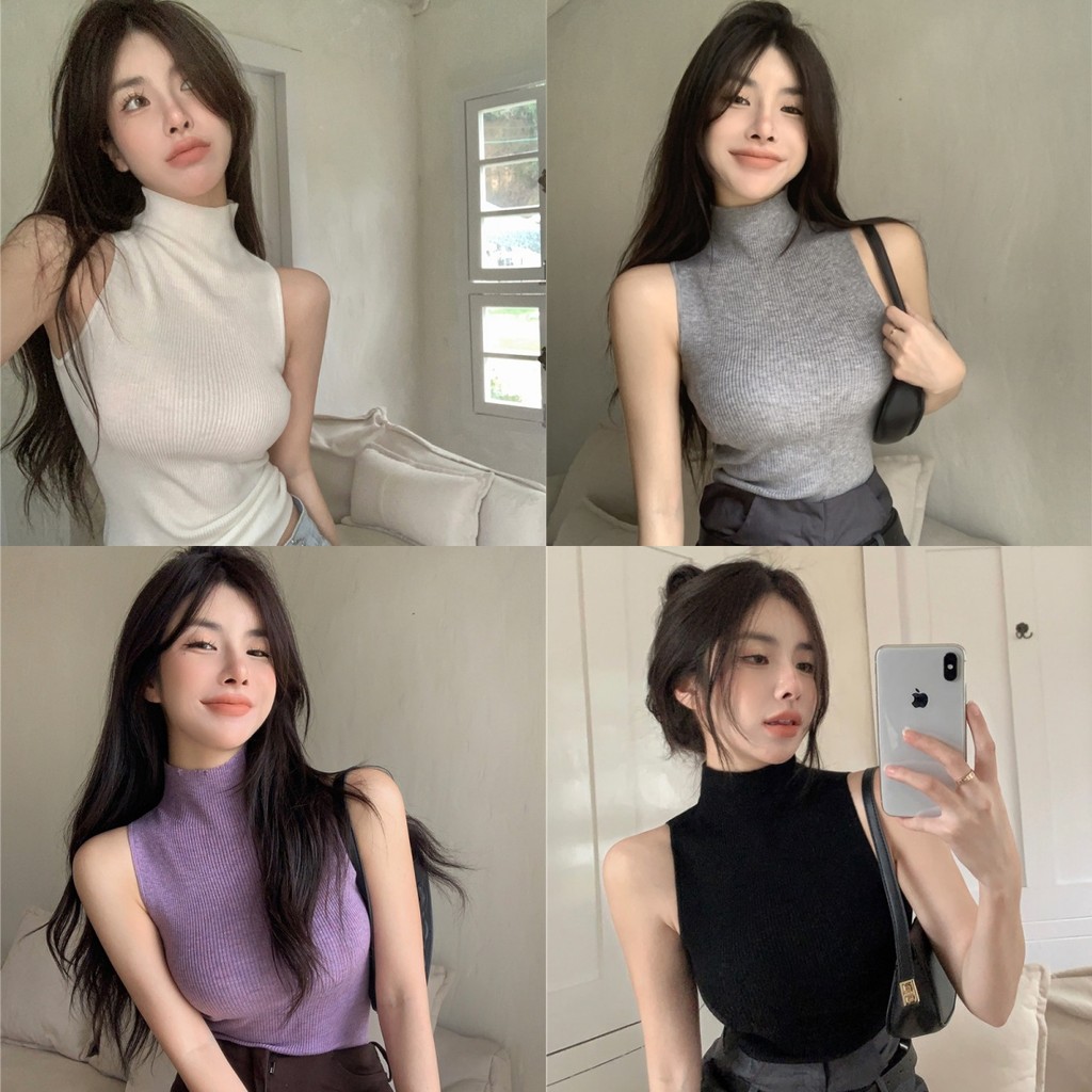 Anne เสื้อกล้าม ไหมพรม สีพื้น แขนกุด เข้ารูป สไตล์เกาหลี แฟชั่น เซ็กซี่ ใส่สบาย #M058