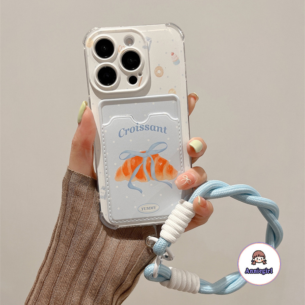 ตลก Croissant การ์ดผู้ถือไนลอนเคสโทรศัพท์สําหรับ IPhone 11 15 16 Pro MAX 16 Plus 12 14 13 Promax XS MAX XR 7 8 Plus Shockproo ป้องกันสิ่งสกปรก Soft TPU โทรศัพท์กลับ Cove