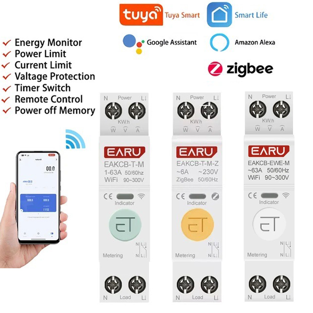 Tuya WiFi Zigbee eWelink สมาร์ท Circuit Breaker MCB 1-63A ปรับพลังงานแรงดันไฟฟ้า Current Meter Protector รีโมทคอนโทรลสวิทช์
