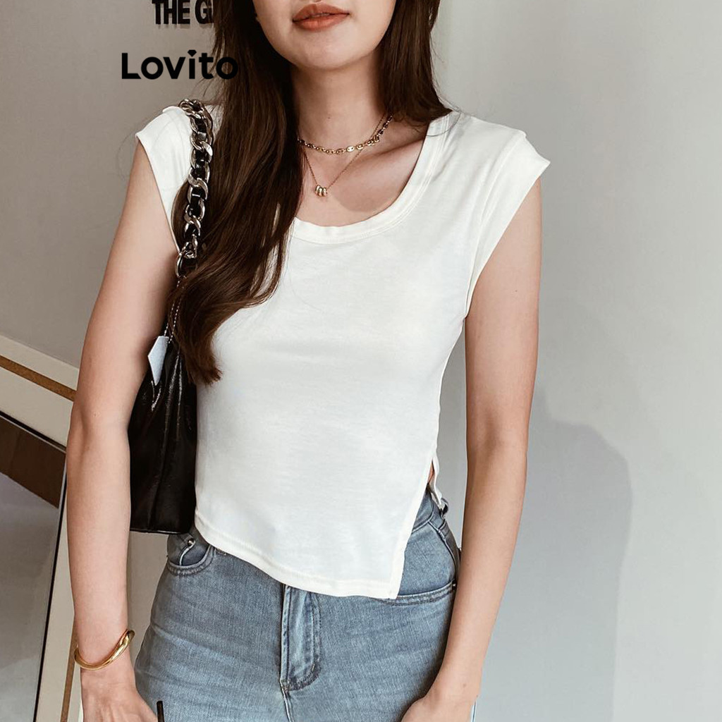Lovito เสื้อยืดผู้หญิง แบบผ่า สีพื้น สไตล์ลำลอง L87ED027