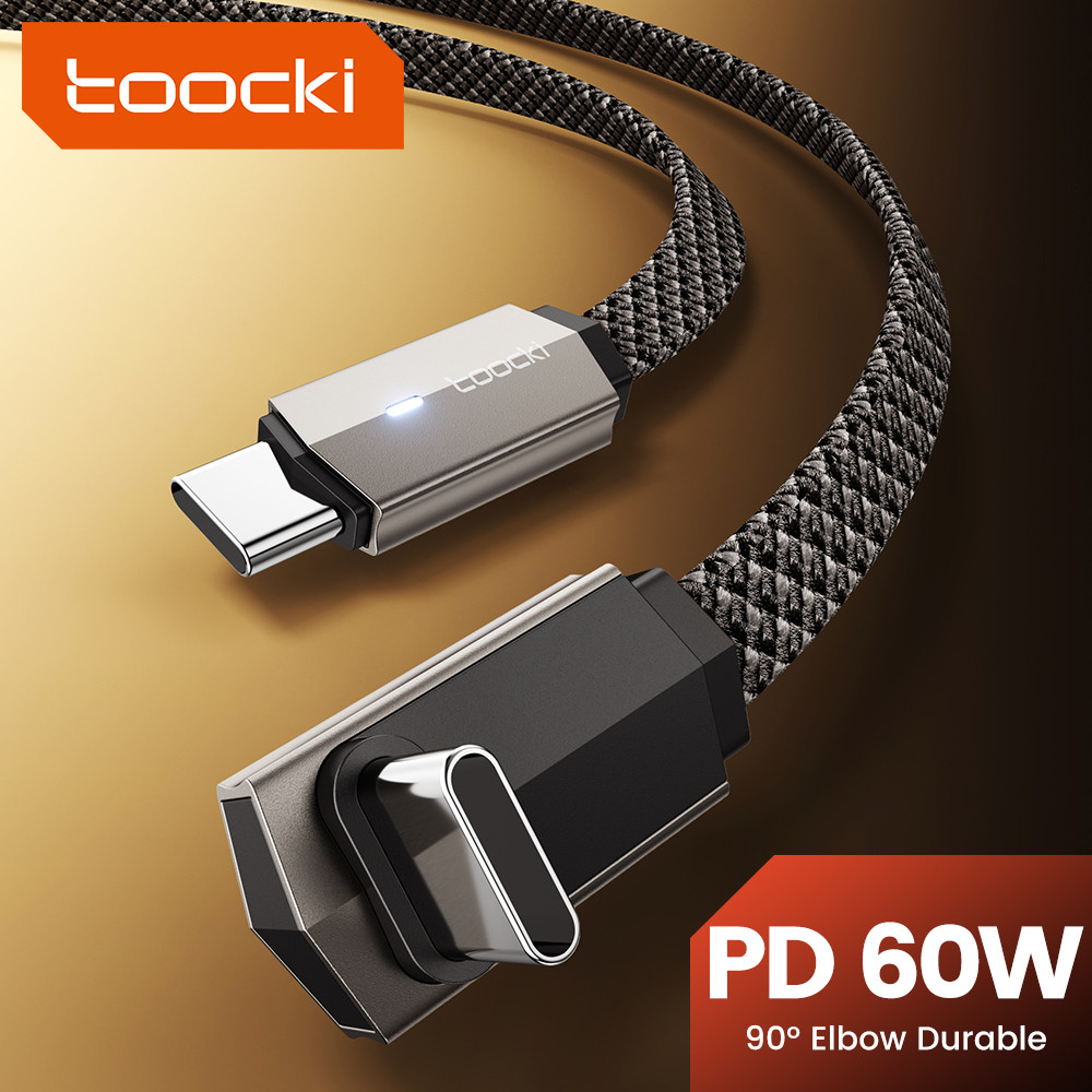 Toocki ข้อศอก 90 องศา Dual Type C สายเคเบิลข้อมูล 60W CC Rapid Flash ชาร์จไนลอนลวดแบน PD20W CL อลูมิเนียมข้อศอก Fast Charge สายไฟ