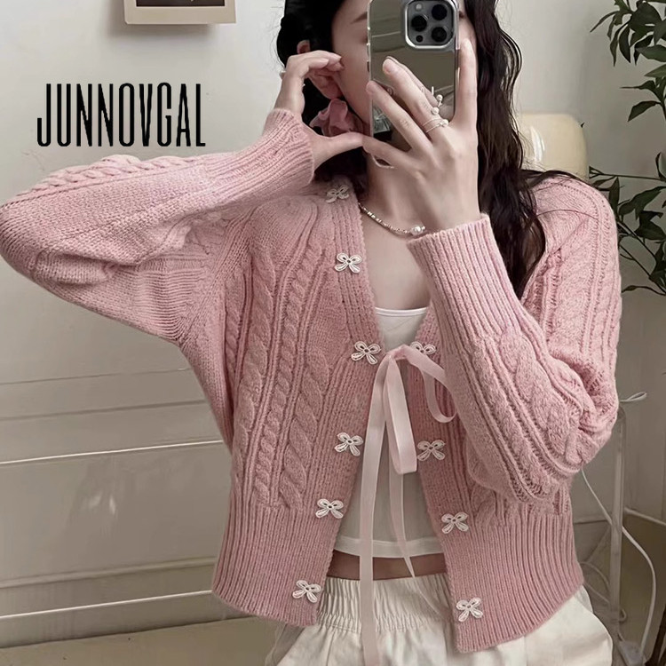 Junnovgal ผู้หญิงเสื้อคาร์ดิแกนถักลําลองคอวี 2024 Bowknot ฤดูหนาวแขนยาว