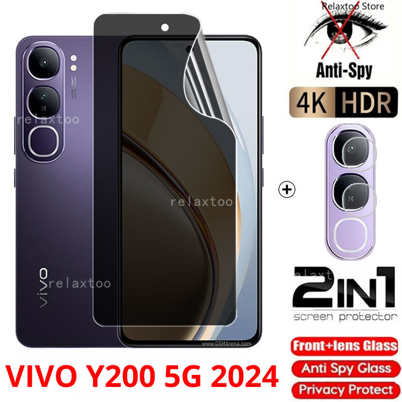 2in1 หน้าจอความเป็นส่วนตัว Soft Hydrogel ฟิล์มสําหรับ Vivo Y200 Y100 Y 200 Y19S Y18S Y17S VivoY200 VIVOY100 VIVOY19S 5G 4G Anti Spy ด้านหน้า Hydrogel หน้าจอเลนส์กล้องปกป้องฟิล์มโทรศัพท์