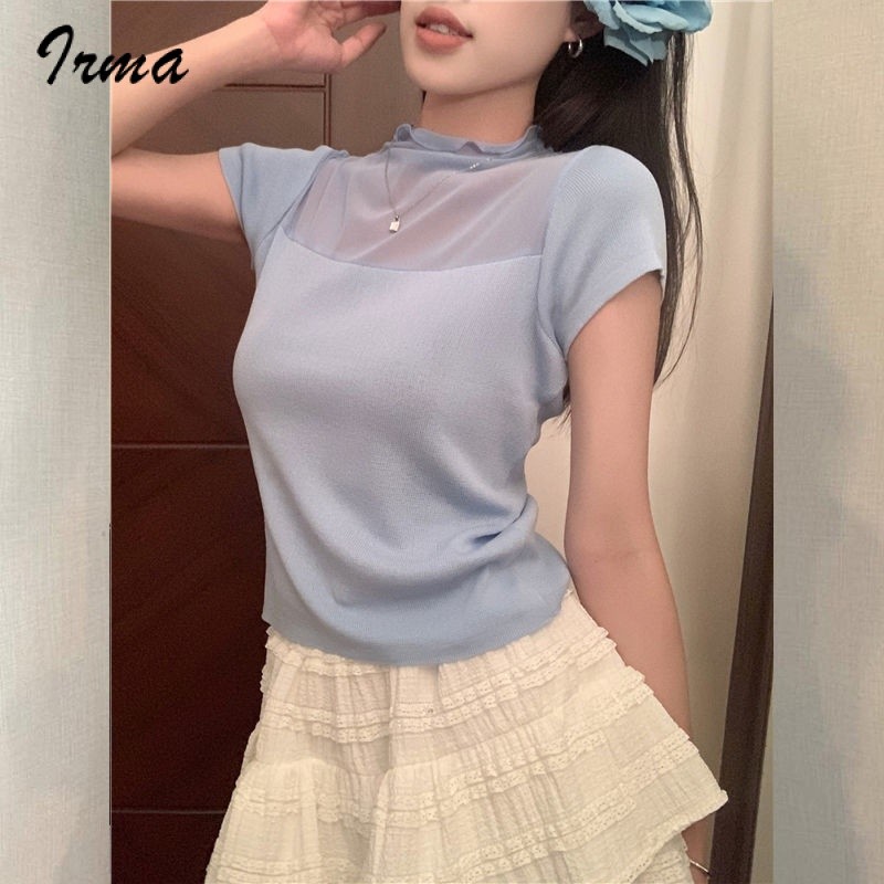หวานคัตเอาท์ลูกไม้ครึ่งคอเต่าบางถักเสื้อยืดเสื้อผ้าสตรีฤดูร้อนแขนสั้นด้านบน