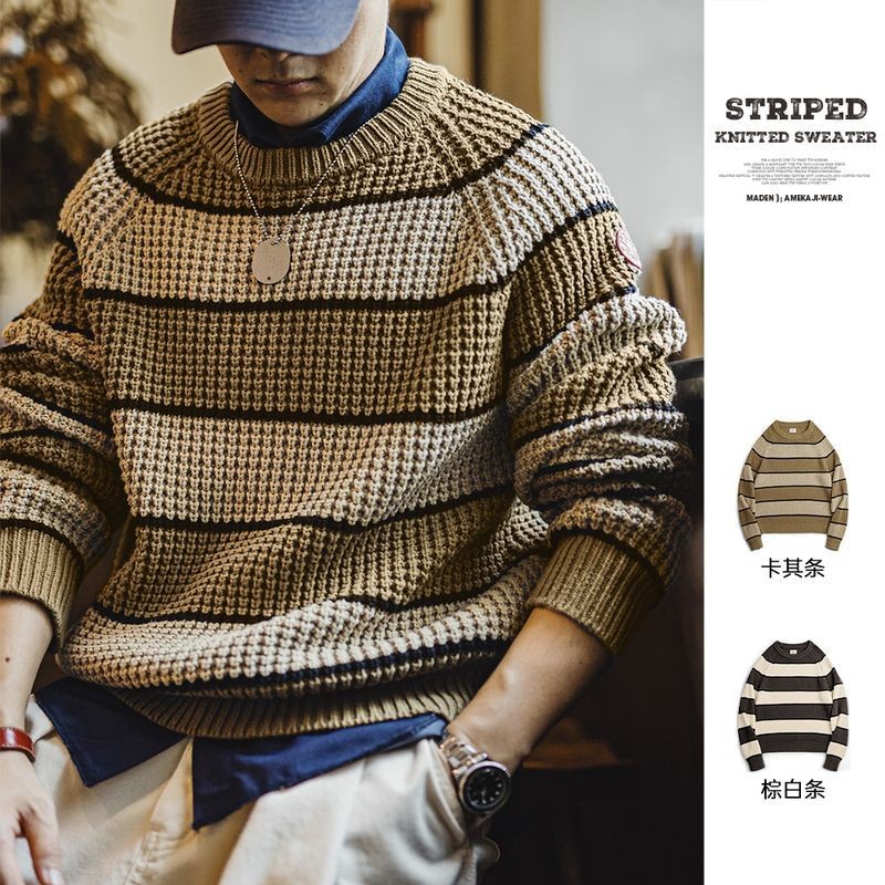 Maden Maden เครื่องมืออเมริกันย้อนยุคสีคมชัดสับปะรดลายเสื้อกันหนาว Textured เสื้อสวมหัวรอบคอ Bottoming เสื้อกันหนาวผู้ชายฤดูใบไม้ร่วง