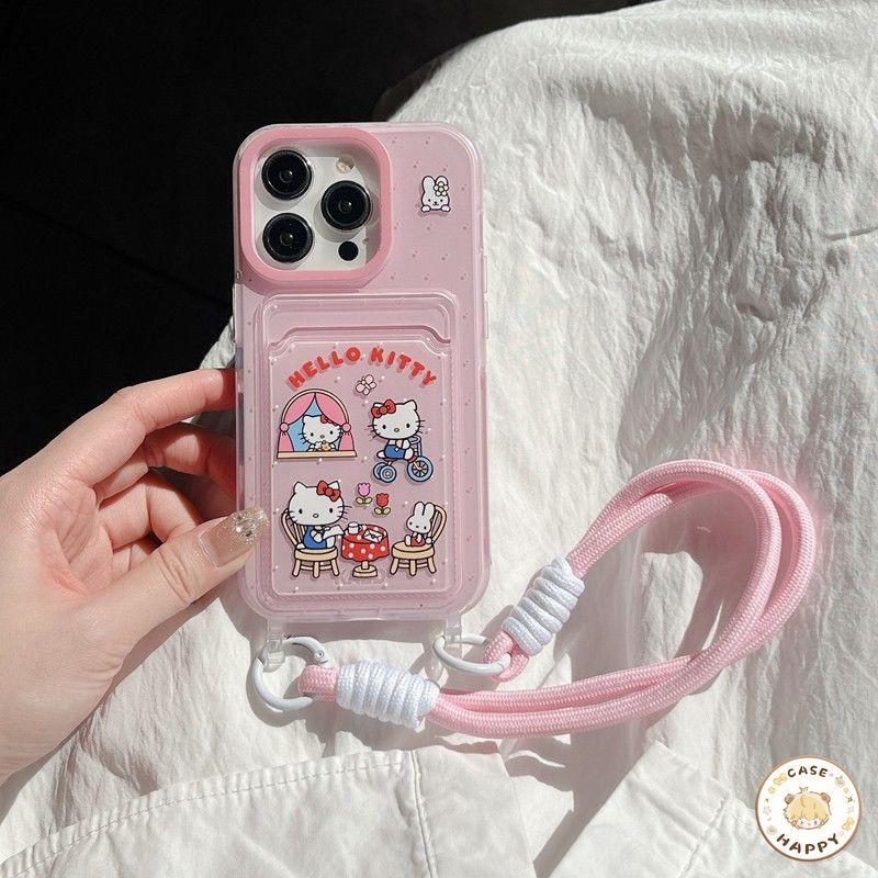 รูปแบบธนูดอกไม้ เฮลโลคิตตี้น่ารัก ช่องใส่บัตรพร้อมสา เคสiPhone 16 11 15 13 12 14 Pro Max 7 8 16 Plus X XR XS Max SE 2020
