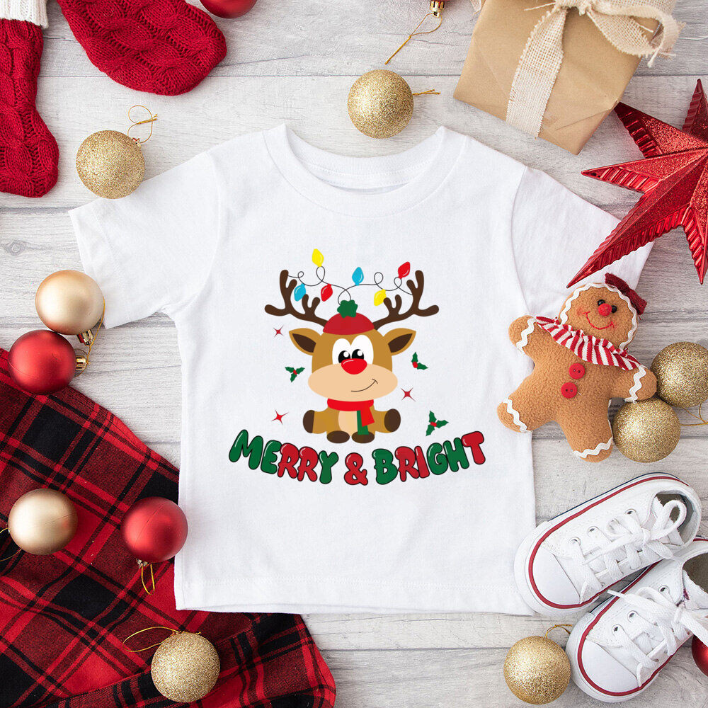 Merry Christmas Deer พิมพ์เด็กเสื้อคริสต์มาส Perty ชุดเด็กเสื้อยืดวันหยุดชายหญิงเสื้อผ้าเด็กวัยหัดเดินเสื้อ Tee