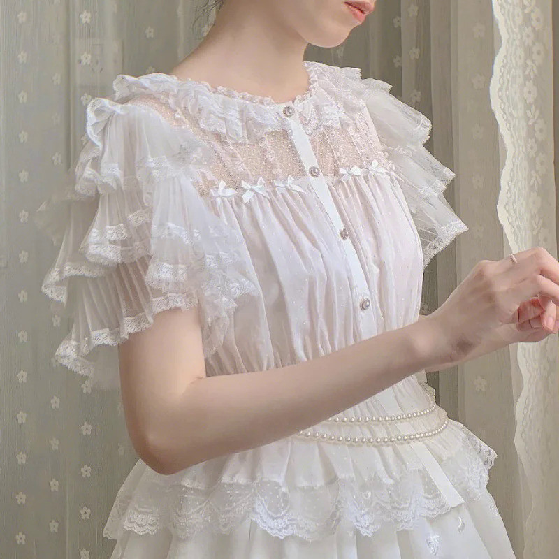 MnJapanese Victorian Lolita Princess Blouse Women Vintage Elegant Lace Bow  Ruffles High Waist Slim 
