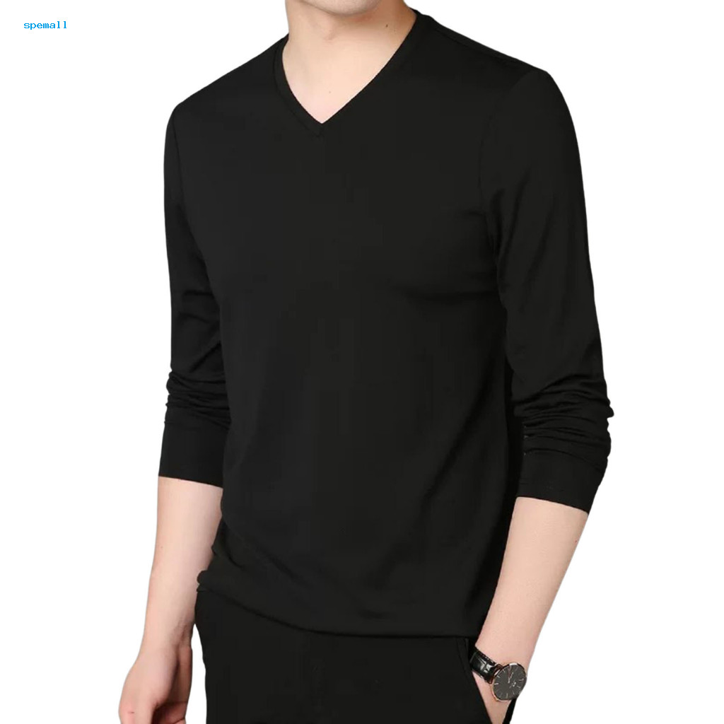 <spemall> V คอเสื้อแขนยาว Tee ผู้ชาย Slim Fit V คอแขนยาวเสื้อยืดสําหรับฤดูใบไม้ร่วงฤดูใบไม้ผลิมีสไตล์ทุกวันสวมใส่กีฬา Homewear