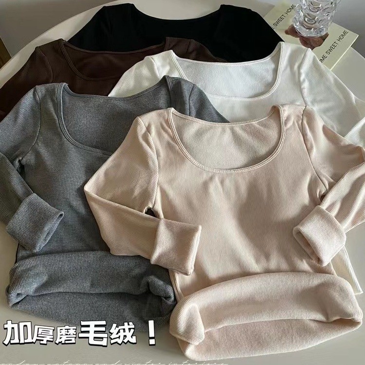 ชุดชั้นในที่อบอุ่นสำหรับสุภาพสตรีพร้อมแผ่นรองหน้าอกเสื้อตัวในเสื้อยืดแขนยาวคอเหลี่ยมเซ็กซี่กระชับสัดส่วนขนแปรงและกำมะหยี่สามารถสวมใส่ด้านนอกได้แฟชั่นสไตล์เกาหลีแมทช์ล