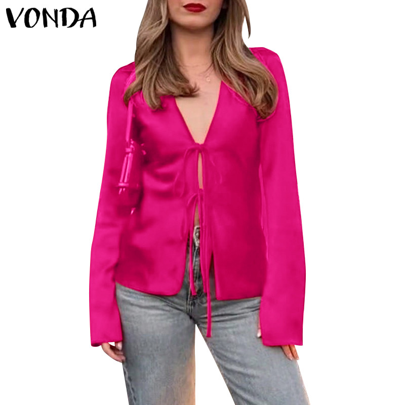 Vonda เสื้อเชิ้ตแขนยาวสีทึบแฟชั่นวินเทจสําหรับผู้หญิง