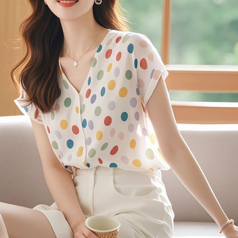 เวอร์ชั่นเกาหลีเสื้อลดอายุสีลายจุดพิมพ์ด้านบนฤดูร้อนแขนสั้น
