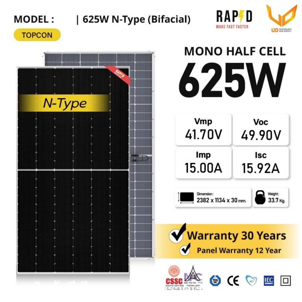 ส่งฟรี RAPD แผงโซล่าเซลล์ 625W Mono Half cell (N-Type) รับประกันแผง 12 ปี