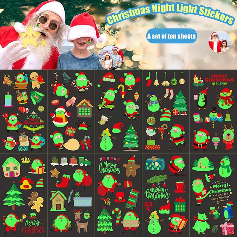 [JBTH] 10 ชิ้นคริสต์มาสสติกเกอร์ส่องสว่างการ์ตูน Elk Snowflake Santa Claus ต้นคริสต์มาสกิจกรรมรอยสักชั่วคราววันหยุด [JB]